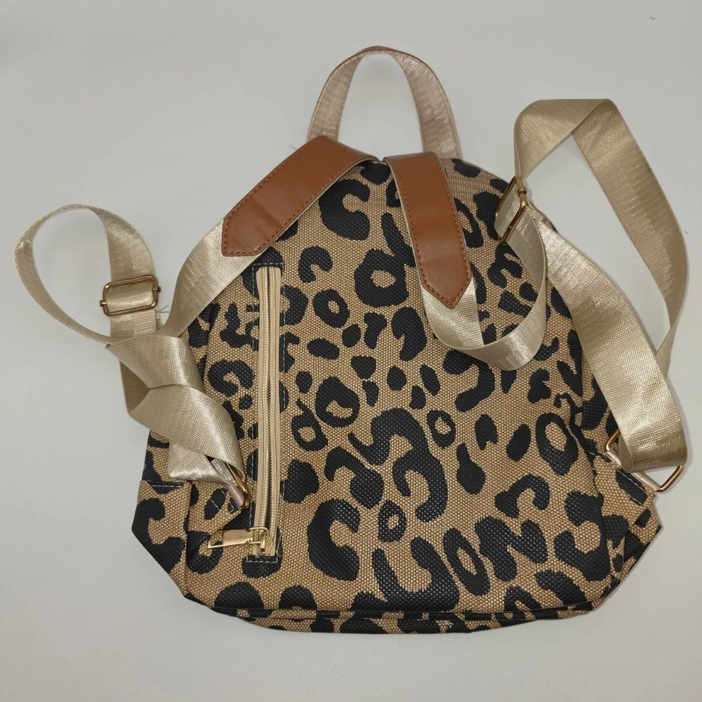 Unbranded Mini Backpack Women OS Leopard Animal Print Faux Leather Trim Gold